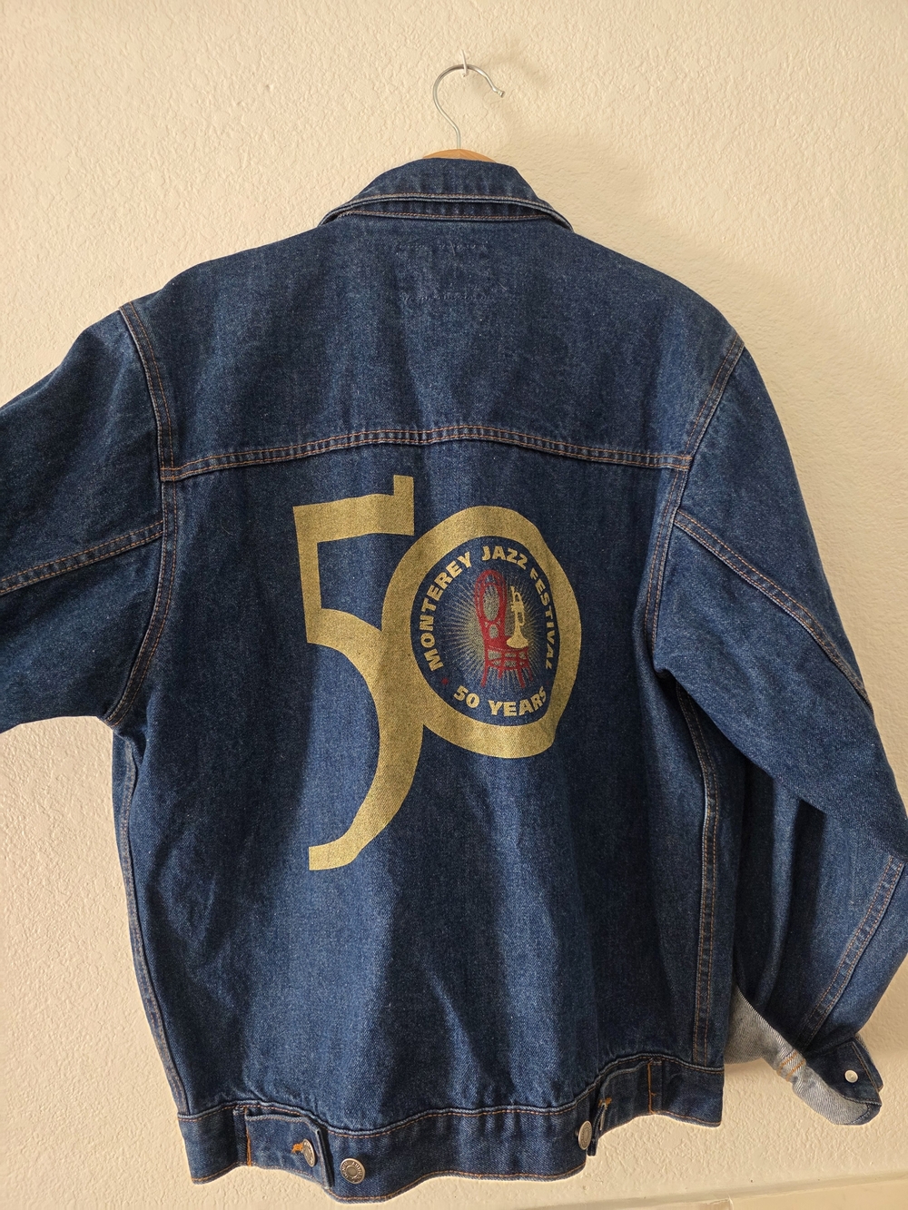 Vintage  Dark Blue Denim Jacket with Gold 50th Anniversary Graphic JAZZ Fest